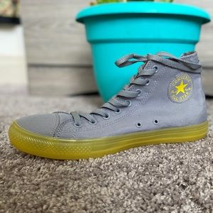 High top gray converses with yellow gummy soles